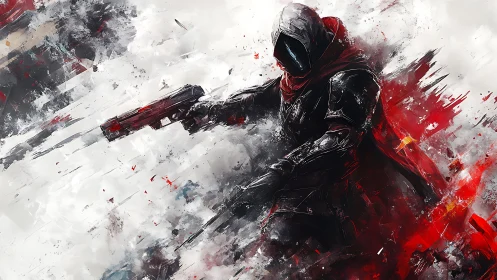 Hooded sci fi assassin advances through dynamic red-white blast
