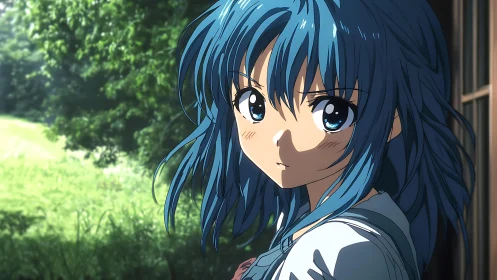 Blue haired anime girl standing in soft outdoor light.