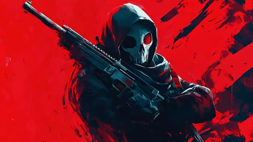 Hooded skull-masked figure holds rifle against abstract red field