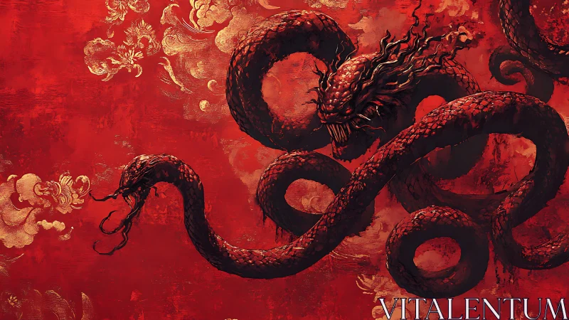 Fiery serpent dragon swirling through clouds of red light.