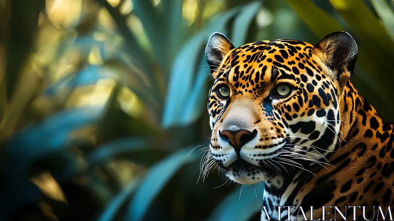 Jaguar gazes through lush jungle foliage in vivid detail.
