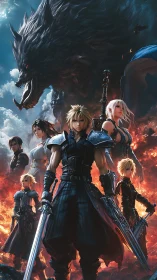 Heroic fantasy warriors stand united before a raging beast