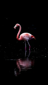 Midnight flamingo drifts across ink-black mirrored water.