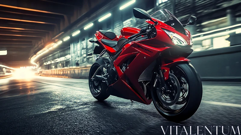 Red supersport motorcycle underpass run with dynamic motion blur