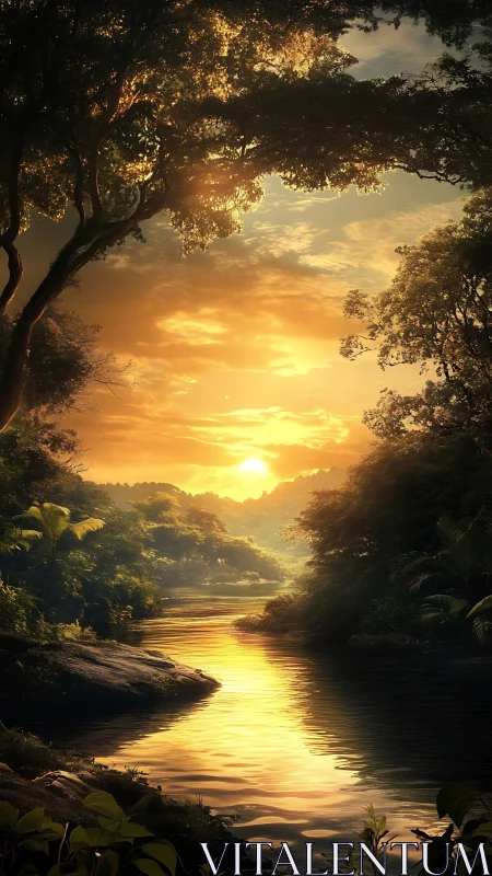 Sunlit river slips quietly between rainforest silhouettes
