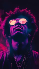 Neon portrait captures reflective sunglasses and violet smoke