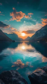 Cinematic alpine lake sunset with mirrored cloud reflection