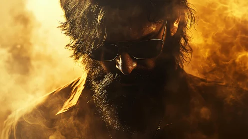 Bearded man with sunglasses stands in dense golden smoke