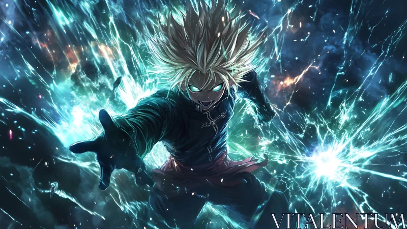 Electric anime warrior lunges through glowing blue energy.