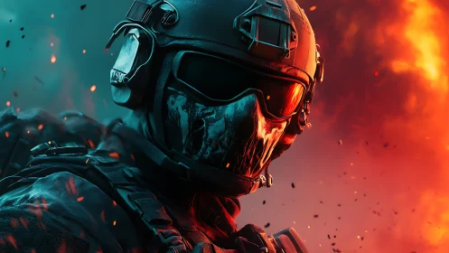 Tactical soldier portrait in teal and orange combat inferno.
