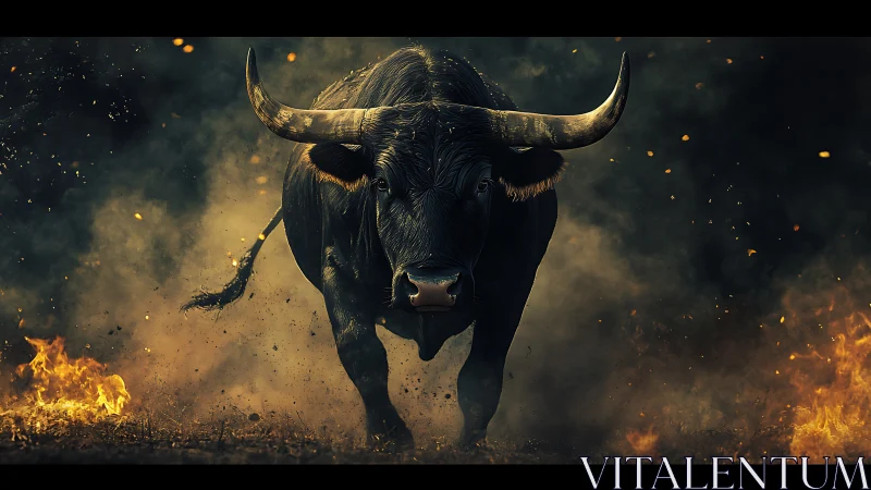 High-contrast digital bull charge through ember-laced flames.