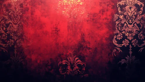 Crimson mist swallows ornate damask into velvet twilight