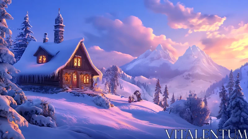 Snowbound mountain cabin glows under pastel winter sunset.
