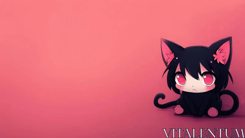 Soft pink daydream with shy black neko chibi companion.