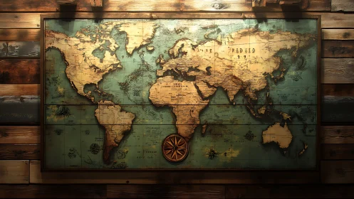 Vintage world map glows over rustic wood wall paneling.