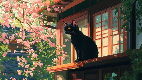 Black cat on wooden window ledge near blooming cherry tree.