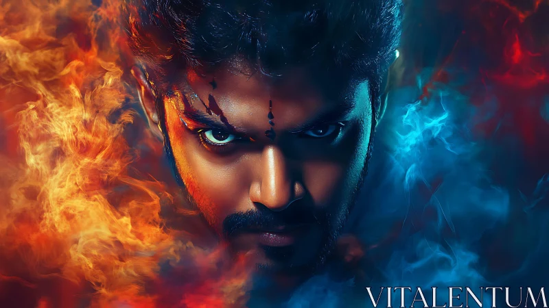 Male face centered between stylized red and blue smoke.