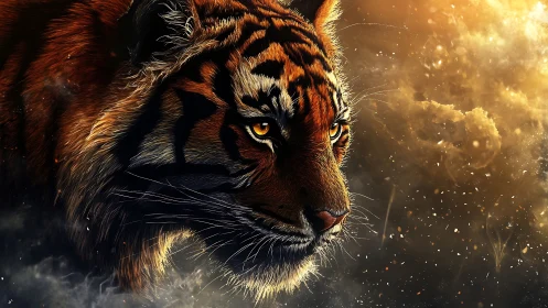 Fiery-eyed tiger moves through glowing golden embers calmly