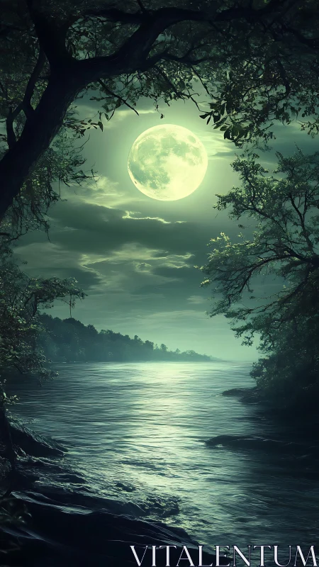 Luminous full moon over tranquil forest river at night.