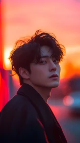 Twilight neon kisses a distant gaze in soft burning color