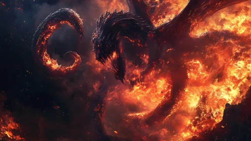 Volcanic serpent entity emerging through turbulent plasma fire.