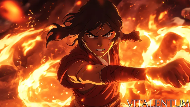 Fiery young warrior commands swirling flames with fierce focus
