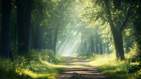 Sunlit Forest Path with Soft Morning Light and Lush Greenery.