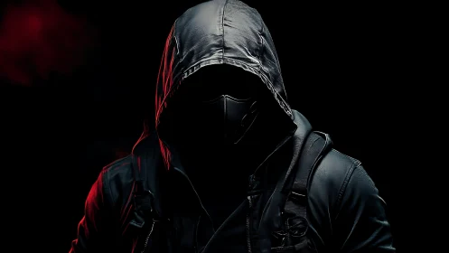 Hooded masked figure in dramatic low key cyberpunk portrait.