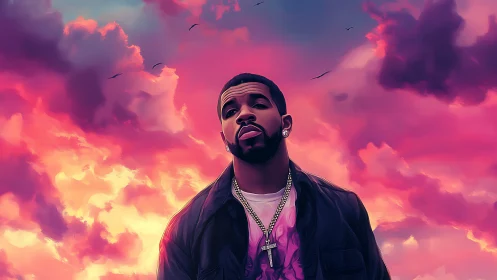 Digital portrait of man under vivid sunset cloudscape.