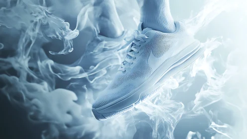 Futuristic white running shoe levitates within ethereal vapor field
