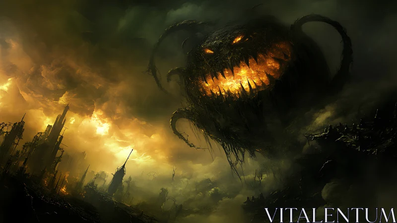 Digital painting of apocalyptic void entity over ruined cityscape.