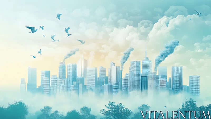 Ethereal city skyline with doves and rising smoke plumes.