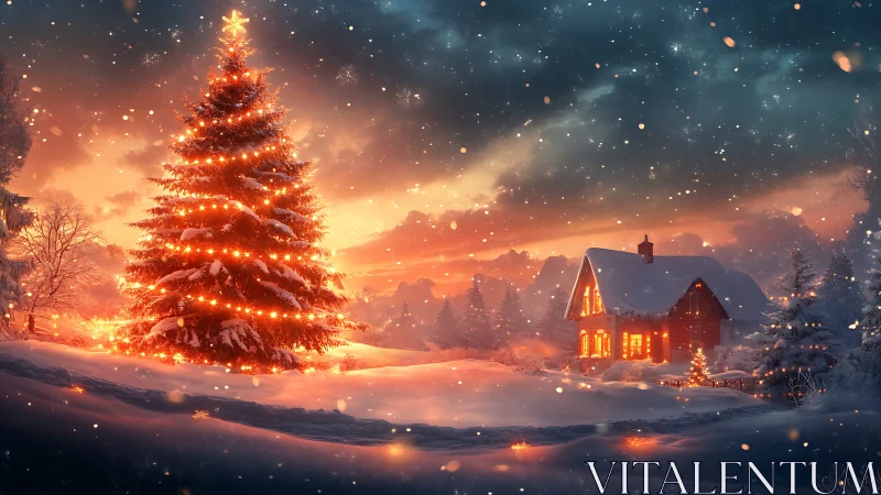 Snowfall hushes while a glowing Christmas tree quietly sings