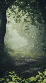 Misty Forest Path Through Dense Woodland Canopy