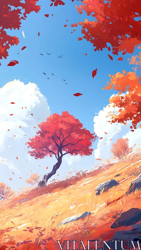 Crimson autumn tree leans into a bright and playful sky