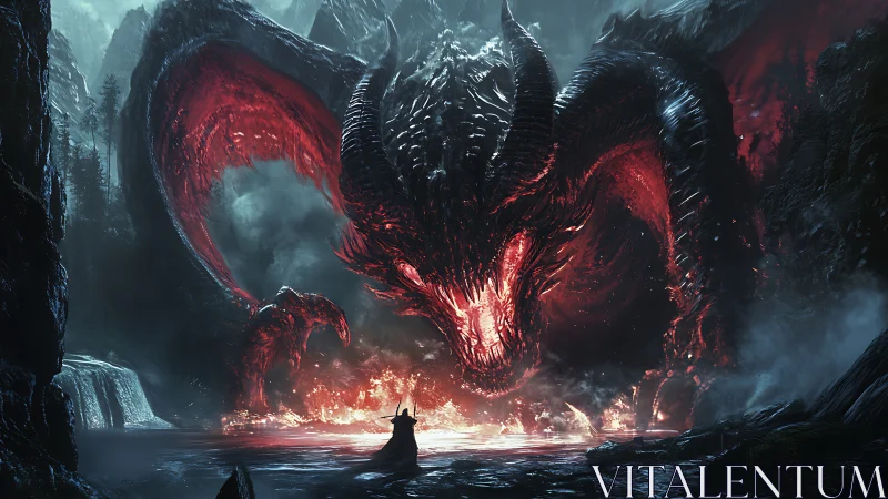 Colossal hellfire dragon confronting lone cloaked figure.