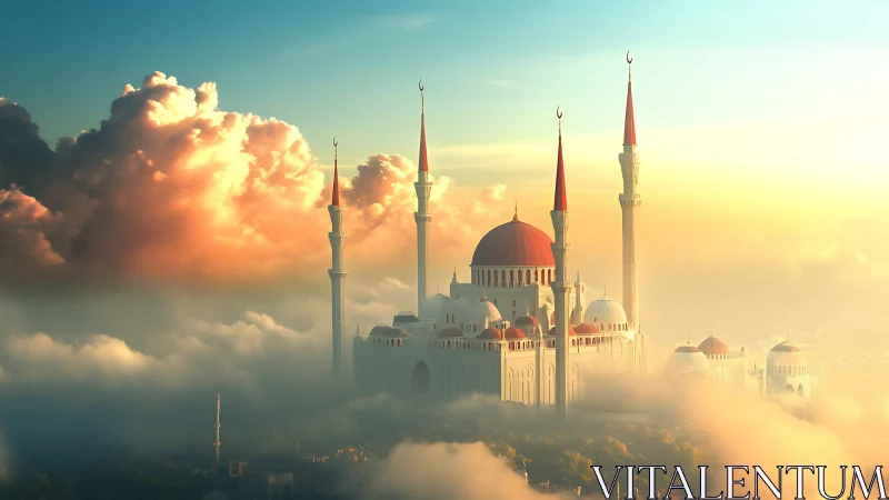 Sunlit sky mosque with red domes above glowing clouds.