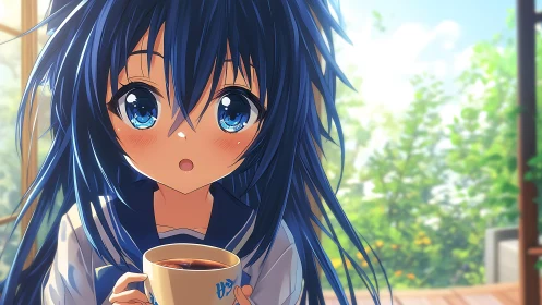 Blue haired anime girl holds coffee cup in bright interior