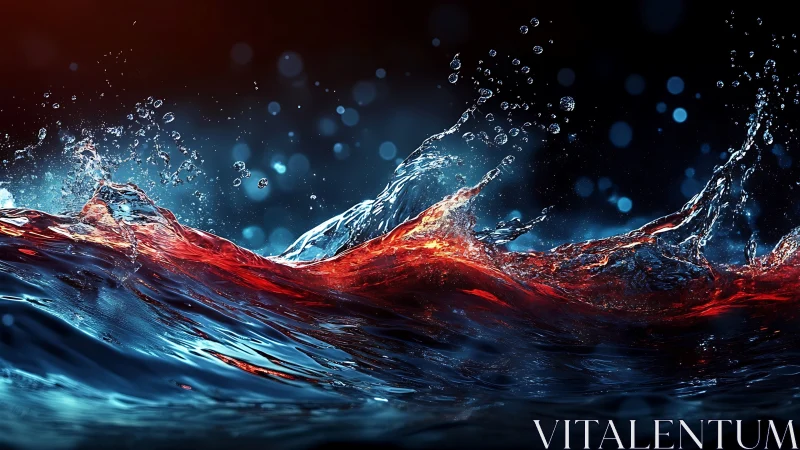 High-speed macro wave captures luminous red-blue liquid turbulence