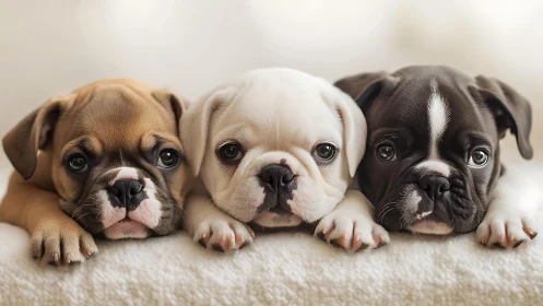 Photorealistic trio of bulldog puppies in symmetrical close-up.