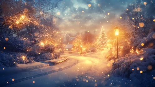 Snowlit lane of lanterns and firefly lights in winter hush.