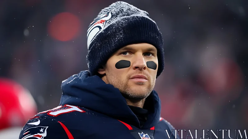 Focused football player stands in snow-dusted winter stadium