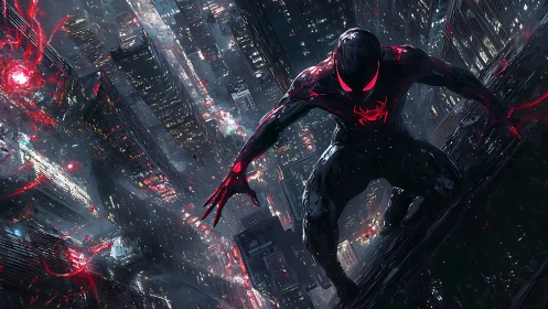 Night hero crouches over neon city in sleek red black suit