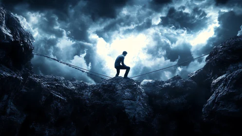 Solitary figure crouched on dark rocky peak under stormy sky.
