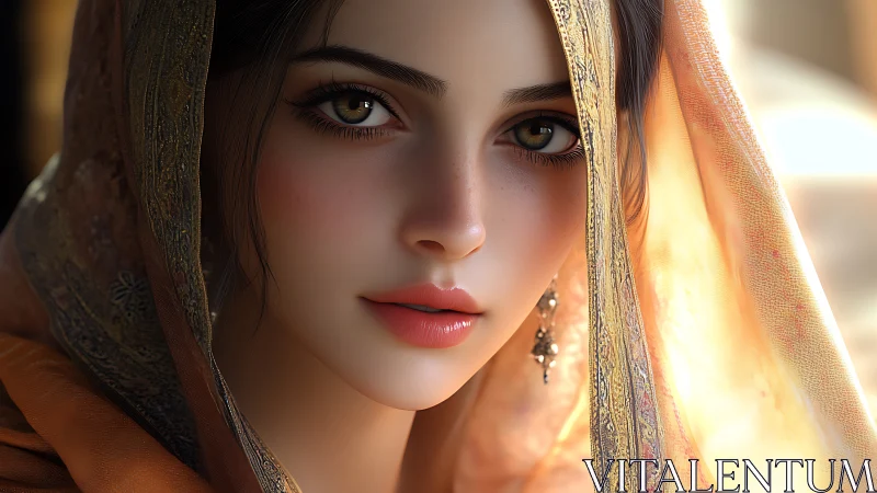 Digital portrait shows veiled woman with detailed soft lighting
