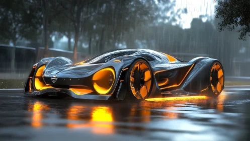 Futuristic hypercar renders neon-lit bodywork on wet racetrack