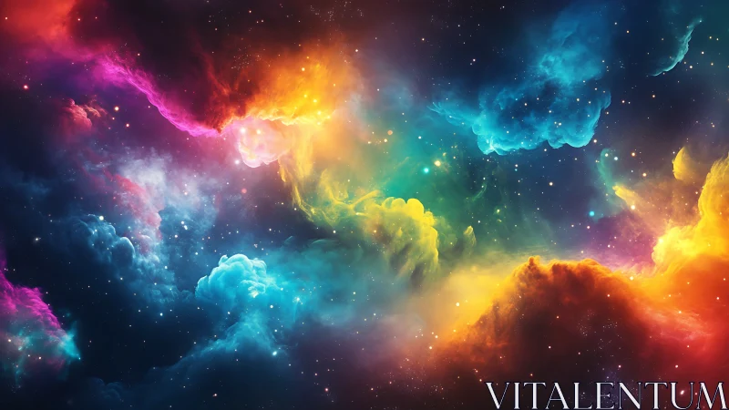 Multicolor emission nebula cloudscape with dense starfield