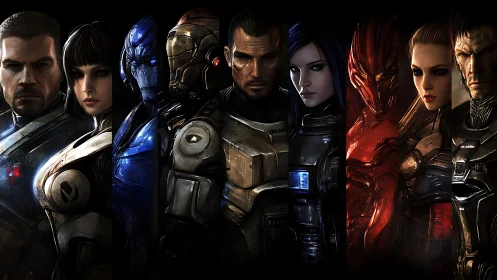 Armored sci fi squad lineup with humans and aliens in armor.