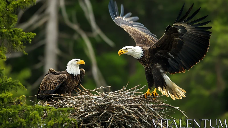 Two Bald Eagles at Nest in Vibrant Forest Nature Photography.