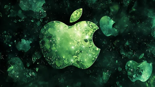 Crystalline green apple emblem in particulate digital field.